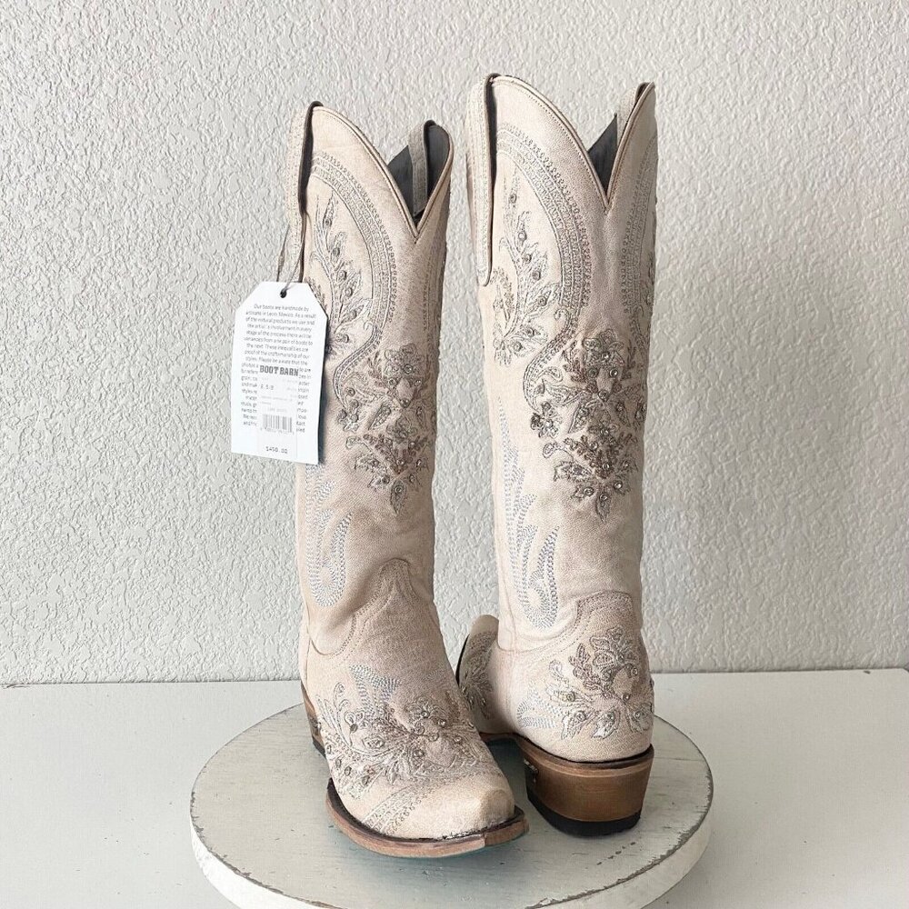Lane Santorini White Cowboy Boots Womens 6.5 Western Wedding Snip Toe Tall Bling